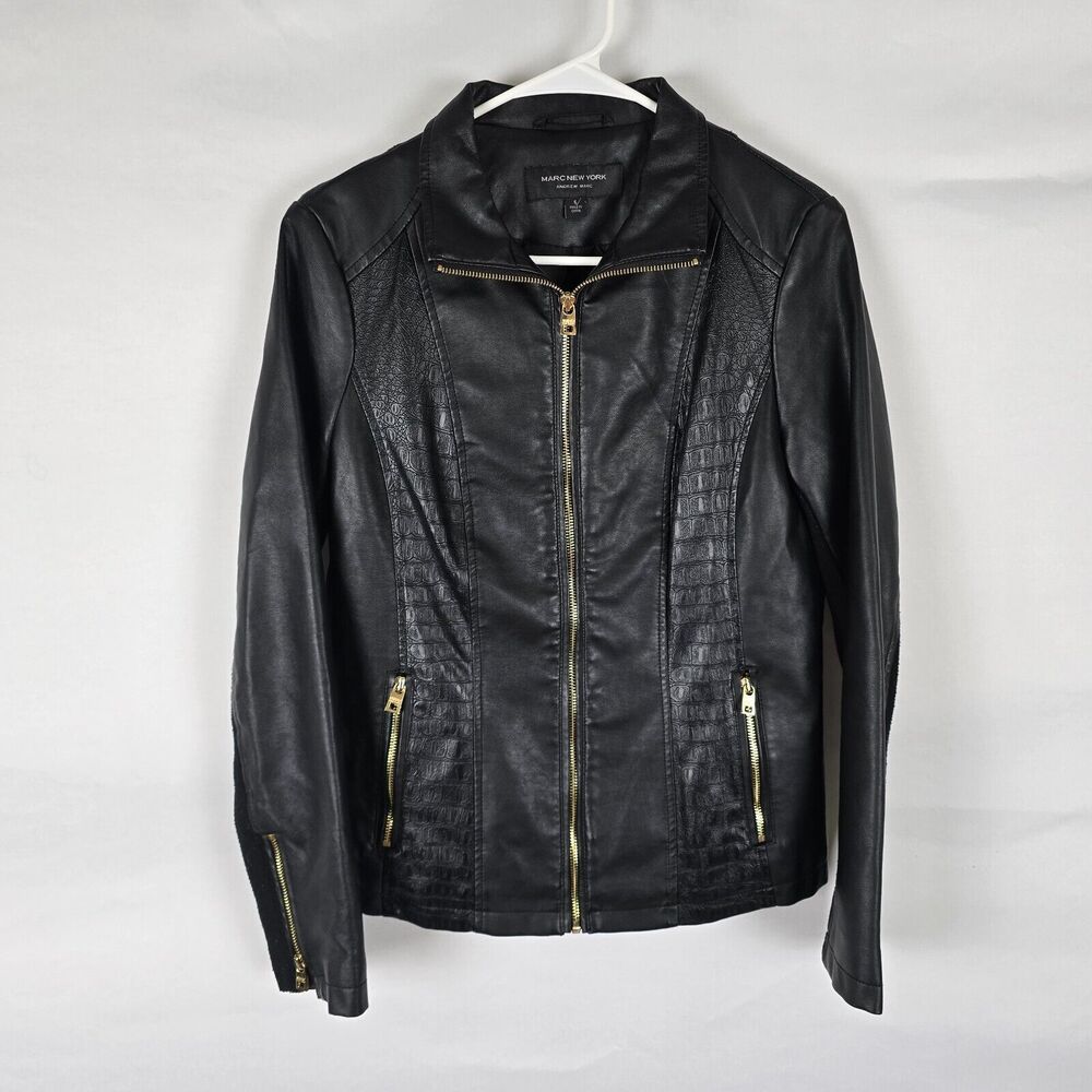 Marc New York Women's Small Andrew Marc Faux Leather Jacket Biker Style Black